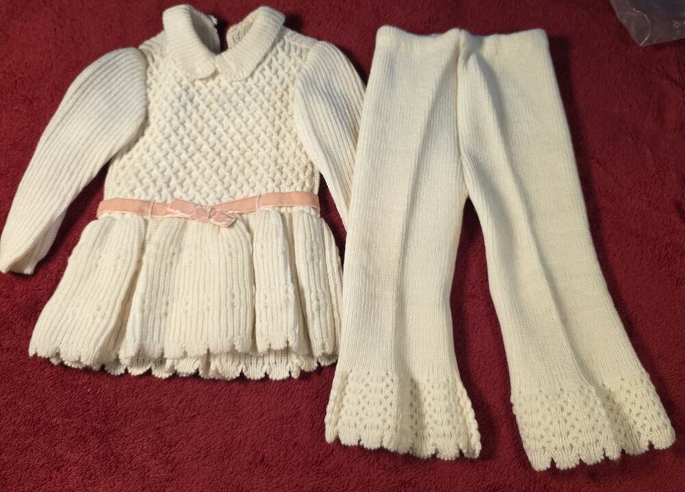 Vintage Spain Girls Knit Dress Pants Set Cream Pink Ribbon Missing Button